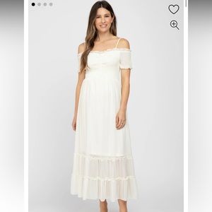 Pinkblush Cream Smocked Ruffle Off Shoulder Maternity Maxi Dress Large